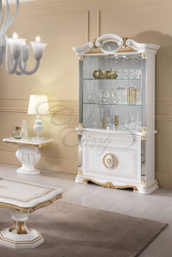 Betty Luxury Italian High Gloss 2 Door Display Unit Vitrine White and Gold Ben Company