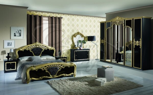 Eva Italian 4 Doors High Gloss Black and Gold Bedroom Set