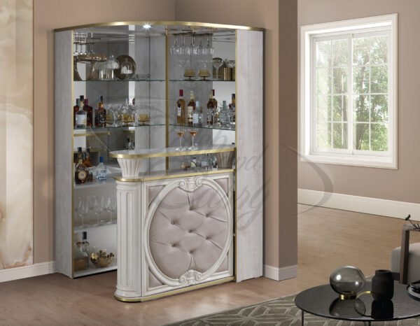 Tiffanie Italian Luxury High Gloss Leather Front Corner Bar Unit by H2O Design Biege/Gold