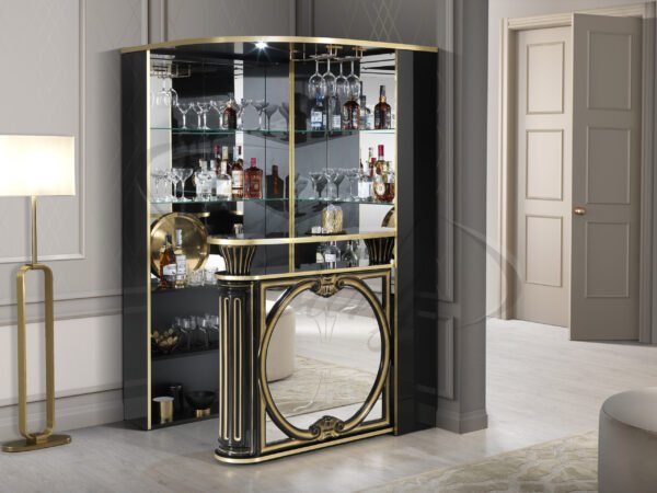 Tiffanie Italian Luxury High Gloss Black/Gold Mirror Front Corner Bar Unit by H2O Design