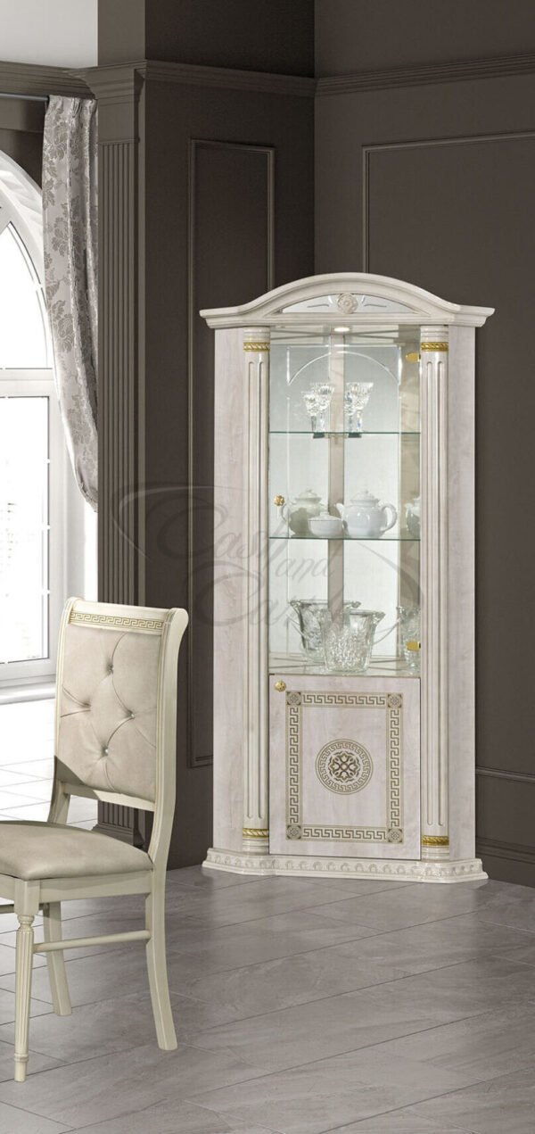 Italian Aurora Single Door Corner Vitrine Display Unit Beige and Gold H2O Design