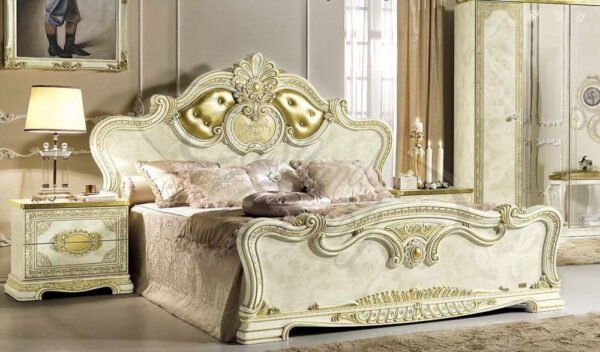 Luxury Leonardo Italian High Gloss Shiny Ivory Finish Upholstered Bed Frame by Camel Group