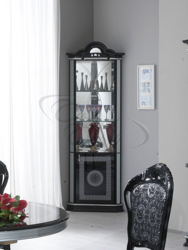 New Venus Black and Silver Italian Corner Display Cabinet