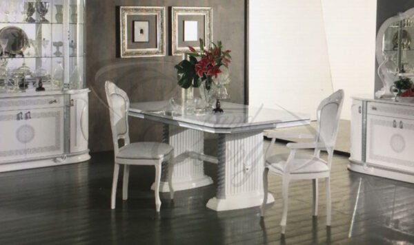 New Venus White and Silver Finish Italian Dining Table + 6 Chairs Ben Company