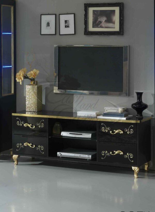 Sofia Italian Tv Unit with 2x Single Door Vitrine Black and Gold Ben Company - Image 2