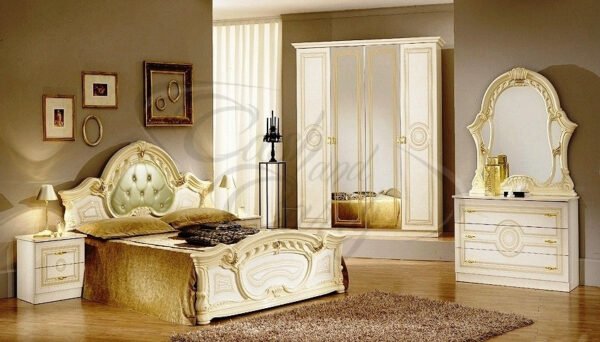 Sara Italian 4 Doors High Glossy Bedroom Set Beige Padded Headboard Ben Company - Image 3