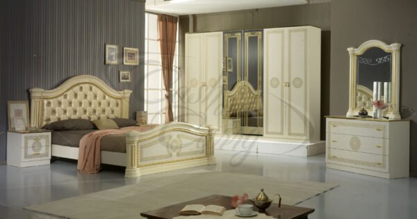 New Serena Padded Headboard Italian Beige and Gold Bedroom Set Ben Company