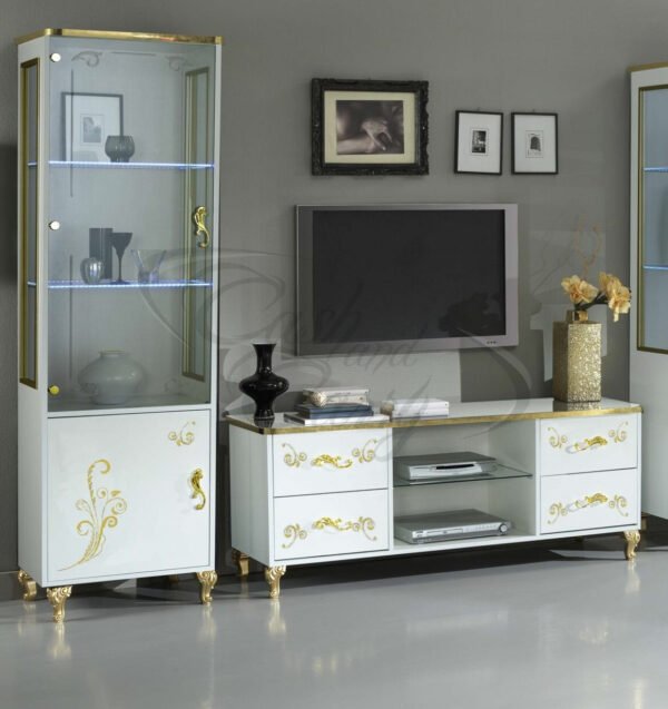 High Gloss Large Tv Unit with 2x Single Door Vitrine White and Gold Ben Company