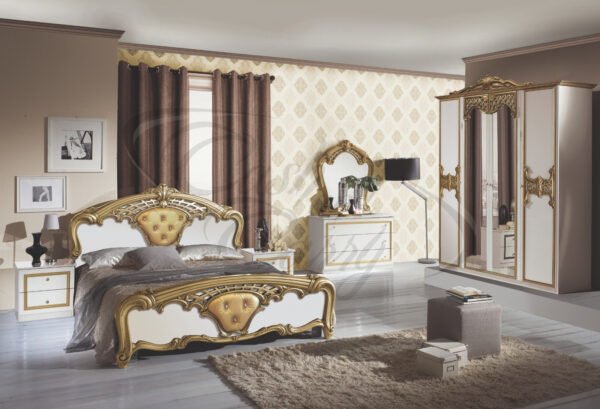 Eva Italian High Gloss 4 Doors White-Gold Bedroom Set