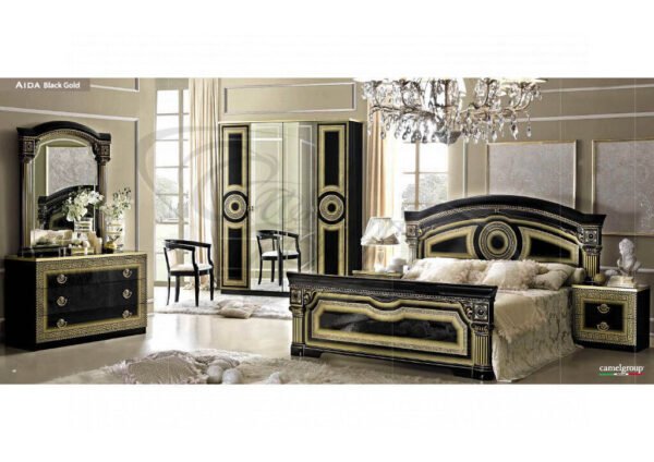 Camel Group Italian Aida 4 Doors Black Gold High Gloss Bedroom Set