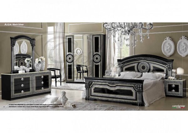 Luxury Camel Group Italian Aida 4 Doors Black-Silver High Gloss Bedroom Set - Image 4