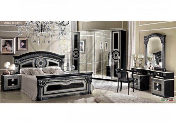 Luxury Camel Group Italian Aida 4 Doors Black-Silver High Gloss Bedroom Set - Image 3