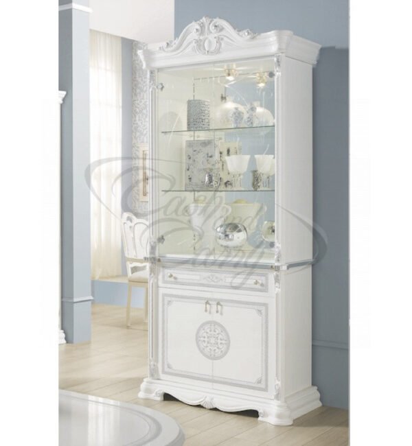 Greta Italian 2 Door Display Cabinet – High Gloss White/Silver