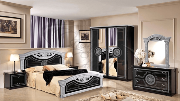 New Roma High Glossy Italian Bedroom Set Black/Gold Topline Mobili - Image 2