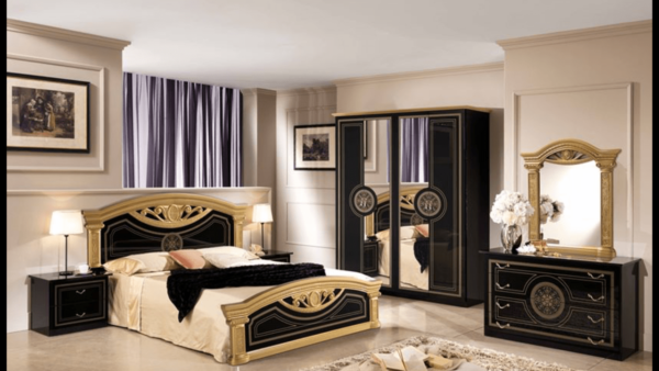 New Roma High Glossy Italian Bedroom Set Black/Silver Topline Mobili - Image 2