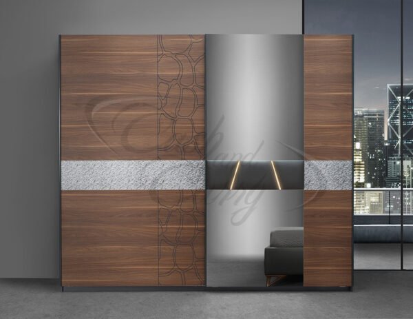 Italian Modern Walnut Bedroom Set With LED lights Headboard With Large Sliding 2 Door Wardrobe - Image 3