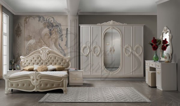 Luxury Nora Italian Kingsize Bedroom Set Large 6 Door wardrobe +Vanity Dresser & Mirrorr + Stool