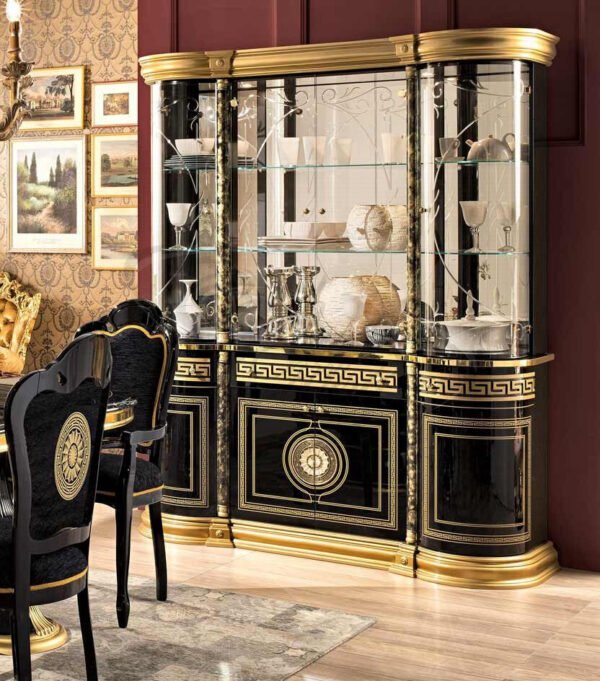 Venus Versace Design Italian High Gloss Black-Gold 4 Door Display Cabinet