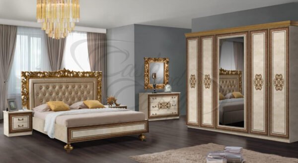 New Siena Stunning Italian Bedroom set Beige /Gold with 6 Doors Wardrobe Beige and Gold