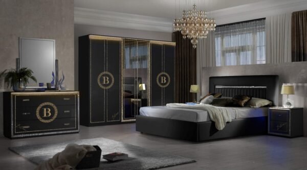 Billionaire Italian 6 Doors Black-Gold Bedroom Set LED lights