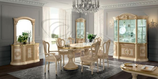 Aida Day Ivory/Gold  Italian Oval Extending Dining Table with 4 Chairs and 2 Armchair