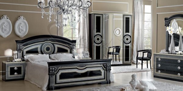 Luxury Camel Group Italian Aida 4 Doors Black-Silver High Gloss Bedroom Set