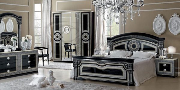 Luxury Camel Group Italian Aida 4 Doors Black-Silver High Gloss Bedroom Set - Image 2