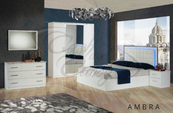 Ambra Italian LED Headboard High Gloss 4 Doors White Bedroom Set Ben Company