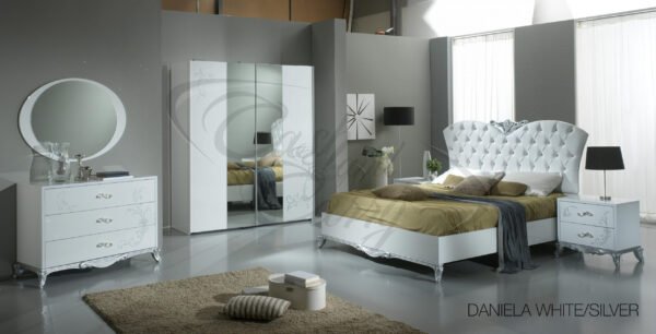 Daniela White/Silver Italian Bedroom with Large 2 Doors Sliding Wardrobe Ben Company