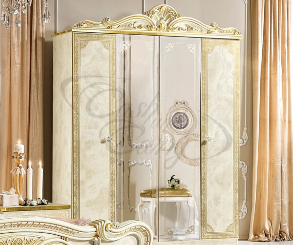 Luxury Leonardo Italian High Gloss Ivory and Gold Finish 4 Door Mirror Wardrobe only by Camel Group