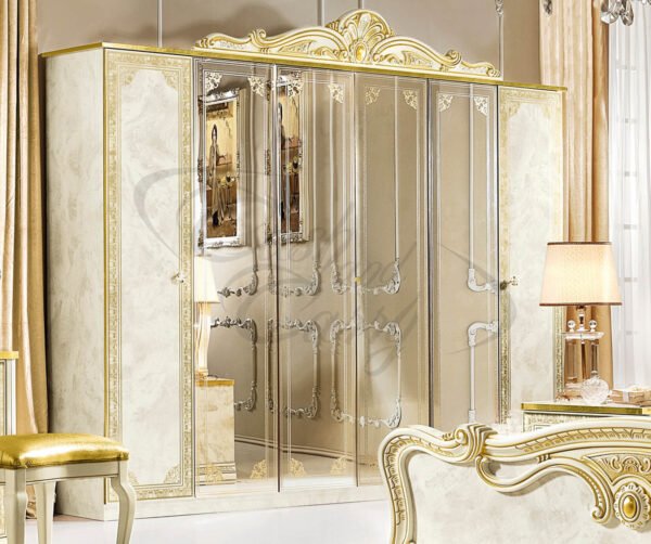 Luxury Leonardo Italian High Gloss Ivory and Gold Finish 6 Door Mirror Wardrobe By Camel Group