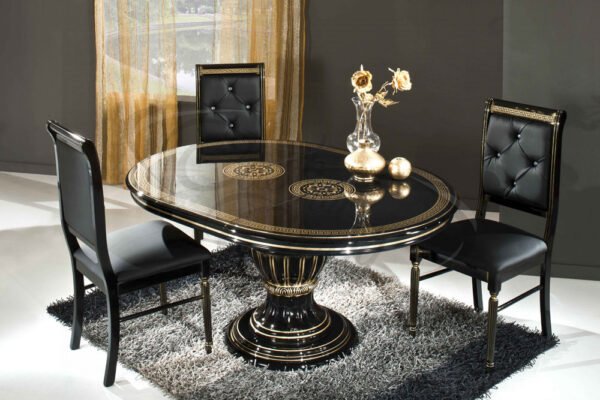 Versace Rosella Style Large Italian Dining Table Set Black-Gold H2O Design