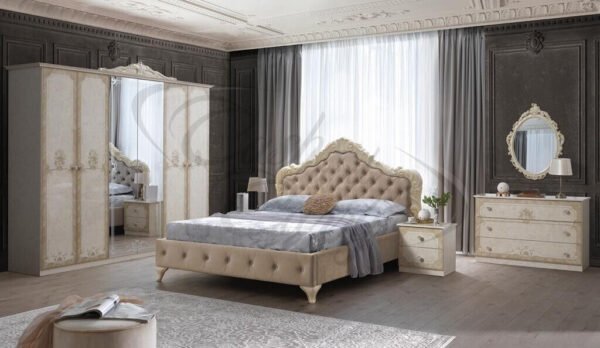 Luxury Adele Italian High Gloss Bedroom Set with 6 Doors Wardrobe Set Beige and Gold