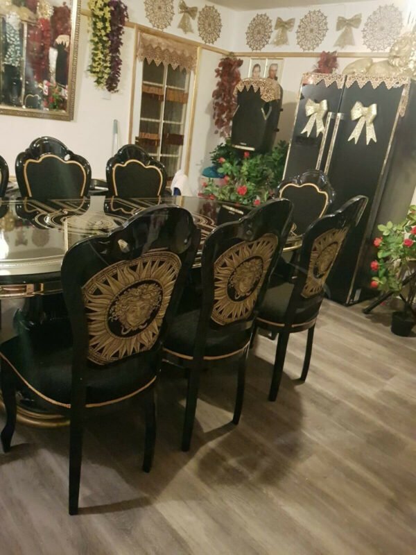 Italian High Gloss Extedning Dining Table with 6 Medusa Head Fabric Chairs - Image 2