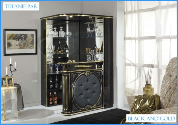 Tiffanie Italian Luxury High Gloss Black/Gold Corner Bar Unit