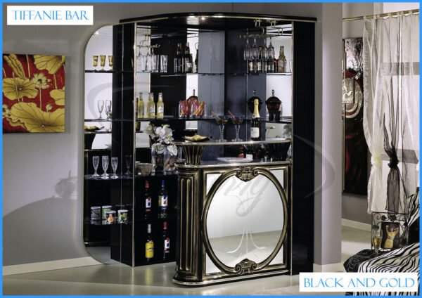 Tiffanie Italian Luxury High Gloss Black/Gold with Console Mirrored Corner Bar Unit