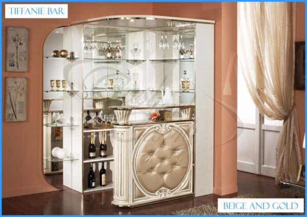 Tiffanie Italian Luxury High Gloss Beige/Gold with Console Mirrored Corner Bar Unit