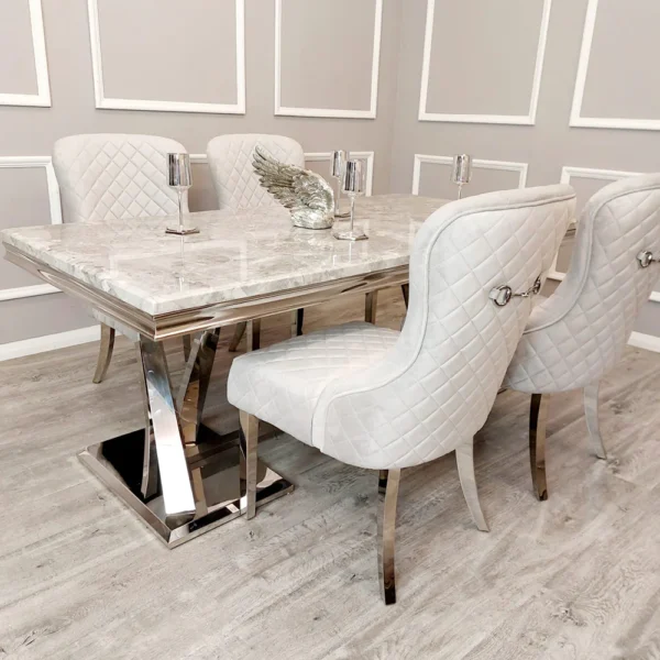 Xavia 1.8 White and Grey Marble Top Dining Table with 6 Kate Light Grey Velvet Chairs - Image 2