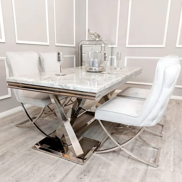 Xavia 1.8 White and Grey Marble Top Dining Table with 6 Kate Light Grey Velvet Chairs - Image 4