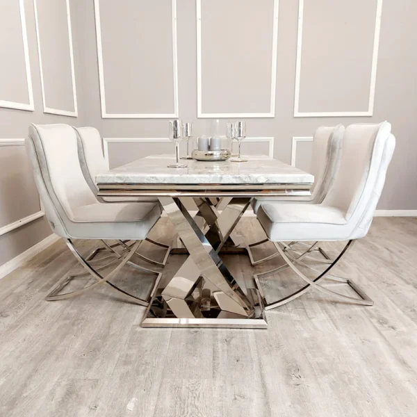 Xavia 1.8 White and Grey Marble Top Dining Table with 6 Kate Light Grey Velvet Chairs - Image 3