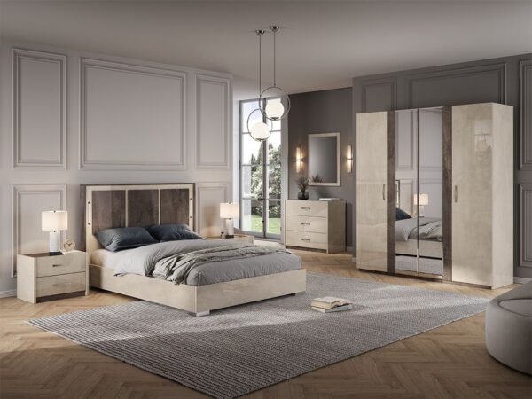 Luxury Claudia Italian 4 Door Wardrobe LED Bedroom Set (Cream-Brown) SanMartino Design