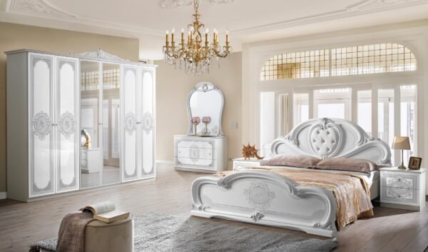 New Clarissa Italian High Gloss 4Doors Bedroom set White-Silver