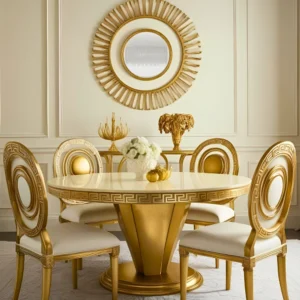 Large Dining Table Set White Gold with 6 Italian Chairs