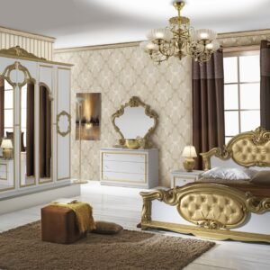 Stylish Barocco Italian White-Gold Bedroom Set Group