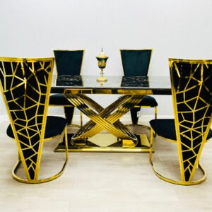 Stunning Elina Marble Dining Table Black-Gold 180 + 6 Vienna Black-Gold Chairs