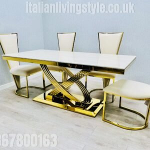 Stunning Elina Marble Dining Table Cream-Gold 180 + 6 Vienna Cream-Gold Chairs
