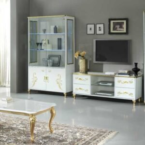 Sofia Italian Tv Unit with 2x Single Door Vitrine White and Gold Ben Company