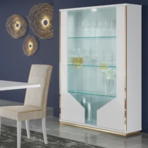 Vogue Italian High Gloss White/Gold 2 Door Display Cabinet With Led Lighting