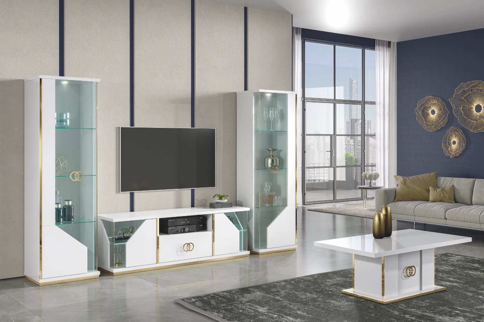 Vogue Italian Tv Cabinet & Coffee Table White Gold High Gloss H2O Design - Image 2