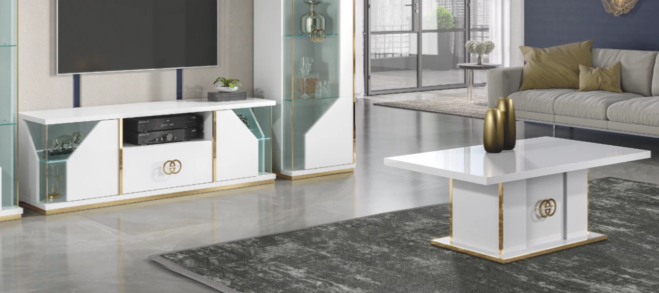 Vogue Italian Tv Cabinet & Coffee Table White Gold High Gloss H2O Design